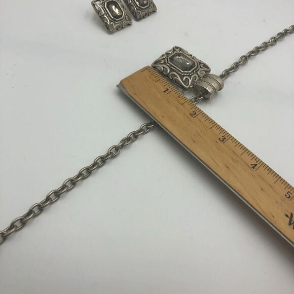 Vintage Bali Style Silver Tone Square Statement Necklace and Pierced Earring Set - Picture 13 of 16